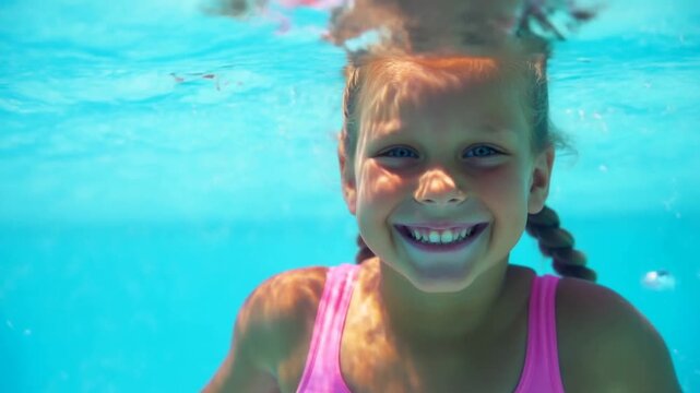 Young girl swims underwater with joy in a pool. Her arms spread wide as bubbles rise around her. She smiles brightly, eyes sparkling with delight. Sunlight filters through water