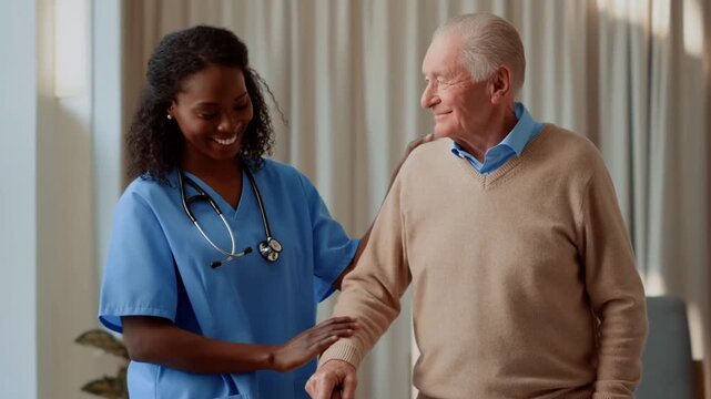 Young nurse helps elderly man walk with cane. She smiles warmly while guiding him gently. He looks calm and trusting in her care. Bright natural light fills the room softly. Ideal for healthcare