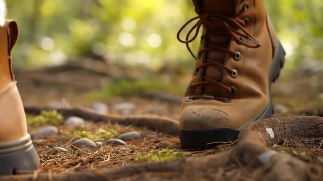 Close-up hiking boots step over forest roots and moss. Sunlight filters through trees, creating warm, natural tones. Boots show rugged tread and worn leather, suggesting adventure