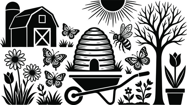 Farm and nature illustration flat vector design featuring barn, silo, sun, tree, beehive, bee, butterflies, flowers and pollination harmony symbols