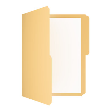 Yellow paper folder open front view cream yellow, document folder fully open revealing white paper page, isolated on transparent background, representing office filing and document storage concept.