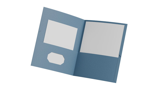 Blue pocket folder isometric view steel blue, presentation folder with business card slot and dual pockets, isolated on transparent background, angled view, representing corporate filing concept.