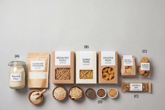 Gluten free healthy food products and ingredients on grey background