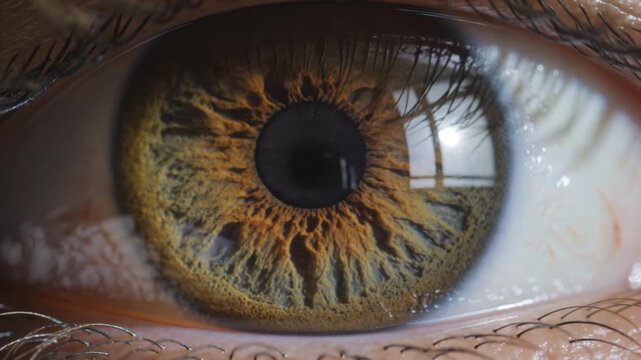Close-up extreme detail of a human eye showing the iris with intricate patterns and reflections of palm trees on a beach