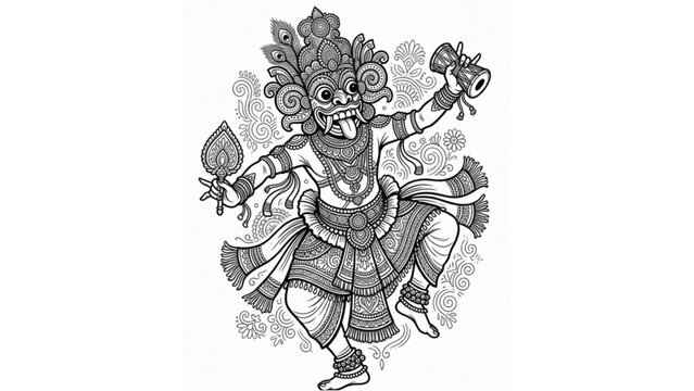 Sri Lankan Traditional Yaka Mask Black Line Art Cultural Demon Vector Illustration