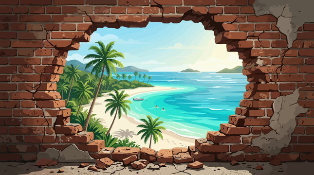 Tropical beach scene with turquoise water and palm trees visible through a broken brick wall, offering a glimpse of paradise.