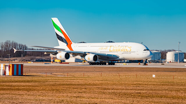 A6-EEB Emirates Airbus A380 passenger jet airplane on a sunny winter day at Munich airport, MUC, Freising, Bavaria, Germany