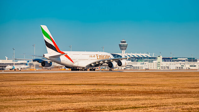 A6-EEB Emirates Airbus A380 passenger jet airplane on a sunny winter day at Munich airport, MUC, Freising, Bavaria, Germany