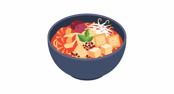 A colorful pixel art illustration of a deep bowl filled with a vibrant noodle soup