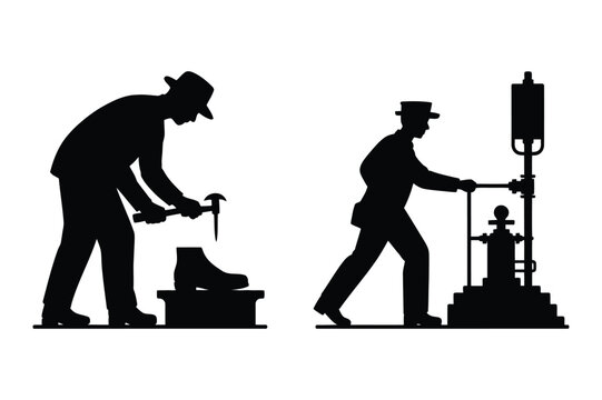Shoemaker working on boot and signalman operating lever silhouette with railroad