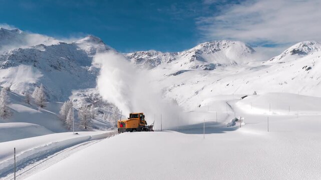 Rotary snow blower paving a road in the mountains