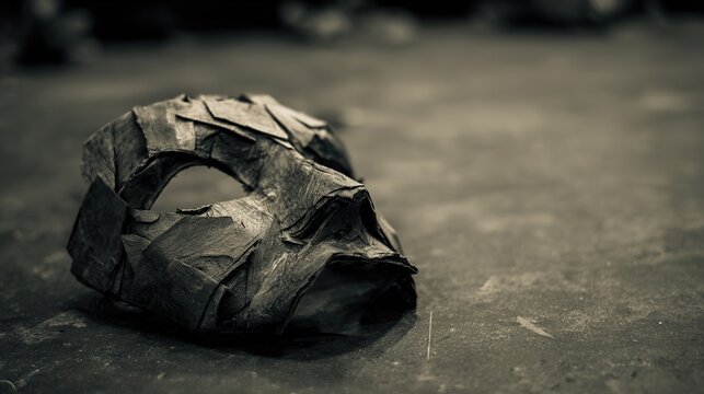 Single theatrical mask shattered then randomly reassembled, distorted eerie expression on plain background, metaphor for split personality