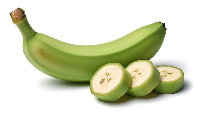 Fresh green banana with sliced pieces on white background, vibrant healthy food concept