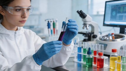 Fototapeta premium Scientist examining test tube in lab