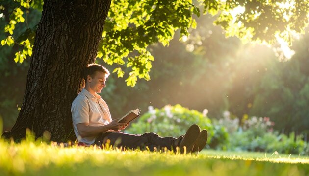 Woman reading book under tree in park