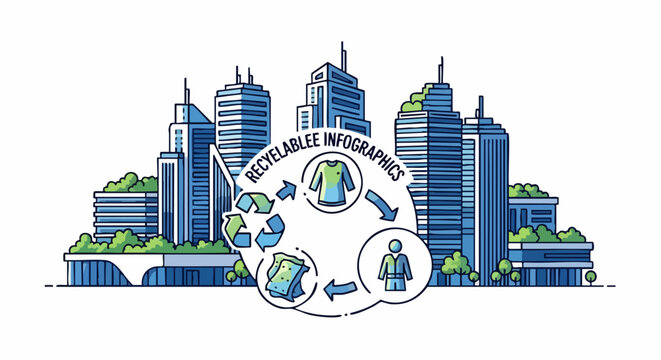 Recycling Infographic with Clothing and People Icons in a City Setting.