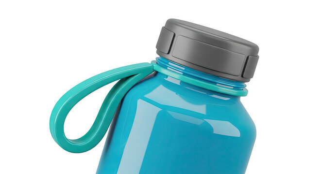 Close-up of a blue water bottle with a teal carrying loop and gray cap