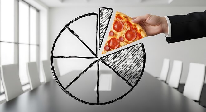 Hand in suit holding pizza slice inserting into pie chart on conference table