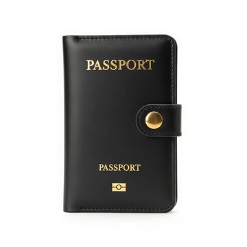 Black leather passport holder, closed, with gold lettering and snap fastener