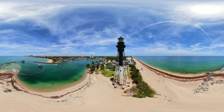 Aerial static 360 VR stock video Hillsboro Inlet Lighthouse Florida 2026