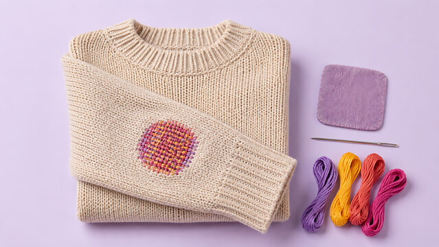 Flat lay of beige knitted sweater with decorative colorful darning on sleeve