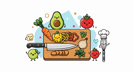 Fototapeta premium Colorful cartoon illustration of various fresh vegetables and cooking tools.