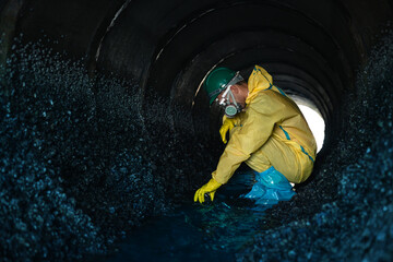 Environmental Workers Walking Inside Polluted Wastewater Tunnel During Industrial Contamination...