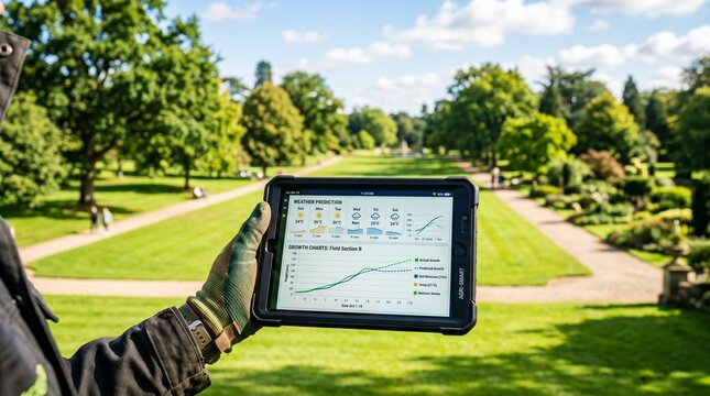Smart Tablet Displaying Predictive AI Data for Agriculture and Landscaping