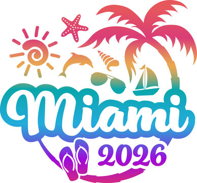 Miami Florida 2026 with Vacation and Trip Elements - Palm Tree Sunglasses Dolphin