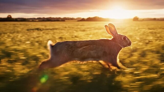 A quick rabbit hops across a sunlit field at sunset, a beautiful natural scene