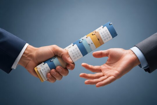 Business handshake with calendar roll symbolizing partnership planning trust and project continuity