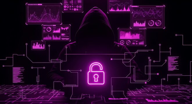 Digital security concept with glowing padlock and hacker silhouette in cyber environment