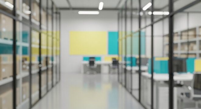 Modern office interior with shelves in blur and yellow and blue design elements, ideal for background, blur, copy space, advertising, hero banner visuals