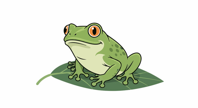 A cartoon frog with big orange eyes sits on a green leaf