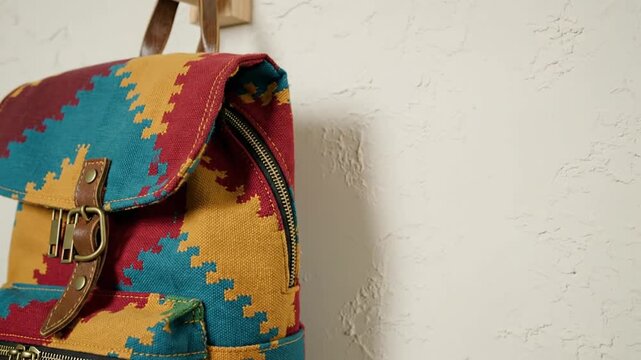 Woven Kilim Backpack With Ethnic Patterns Hanging On A Wooden Hook Against A White Textured Wall