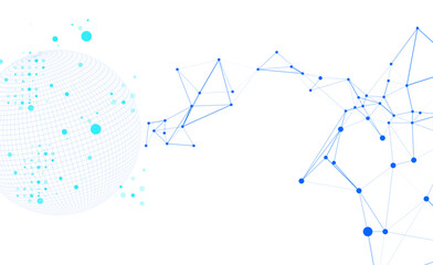 Obraz premium Abstract digital globe with glowing dots and interconnected network lines on a white background, representing global data, communication, and technological connections.