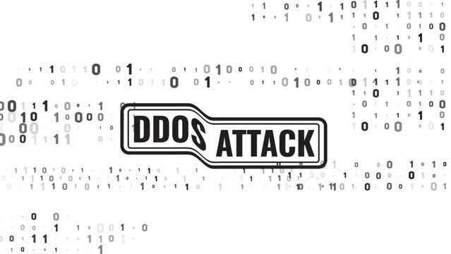 DDOS ATTACK warning sign with binary code background, illustrating a digital cybersecurity threat, distributed denial of service, hacking incident.