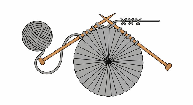 A ball of gray yarn and knitting needles with a gray circular knitted fabric