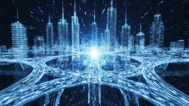 Futuristic abstract cityscape with glowing blue skyscrapers and energetic light trails on roads representing advanced technology and rapid urban development