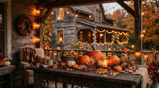 A cozy porch scene showcases a rustic wooden house adorned with warm string lights and a fall wreath.