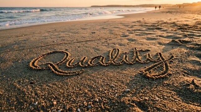 A person is writing the word 'Quality' in the sand on a beach at sunset.
