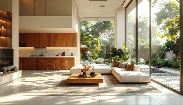 Modern open-plan living room with large windows, natural light, and lush garden views