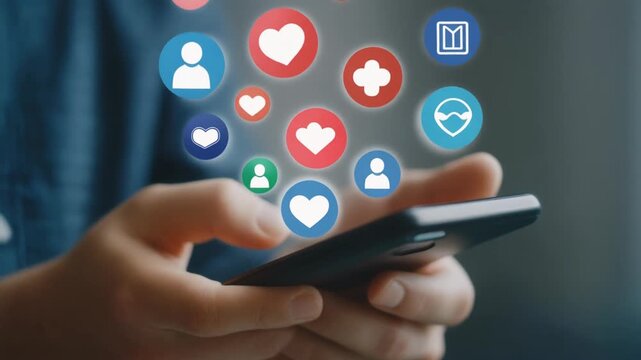 Social media icons floating above a person using a smartphone, illustrating online interaction and digital communication