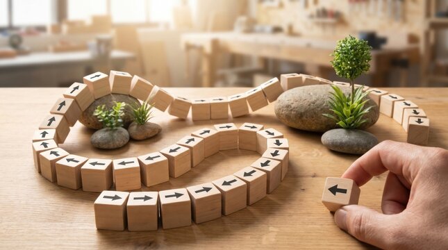 Flexibility and adaptation concept. Arrows on cubes following a flexible path. 
