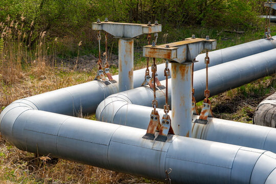 Close-up of industrial steel pipelines with elbows, mounted on heavy duty pillars with a system of stay wires and turnbuckles, grey pipes with rust marks on brackets, dry grass and spring deciduous tr