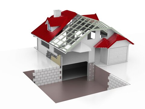 3D Rendered House Under Construction with Foundation and Garage