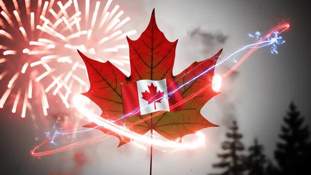 Maple leaf displaying national flag, vivid spark of firework burst through dark sky, dynamic energy swirls around, celebrating Canadian patriotism during Canada Day celebration.