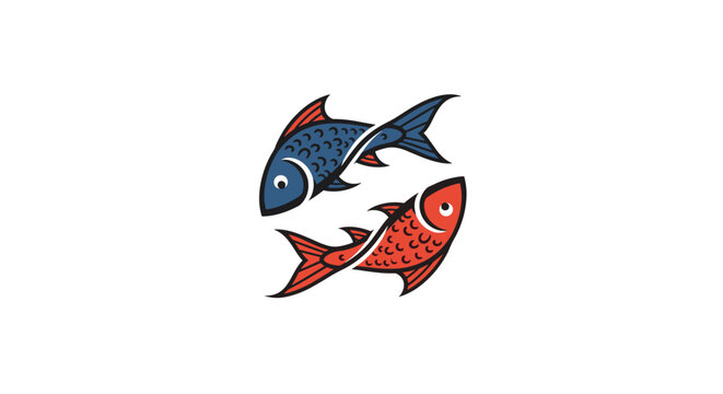 Two stylized fish in blue and red colors swimming in a circle representing the zodiac sign of Pisces or a sense of balance.