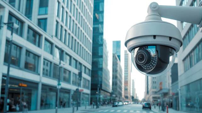 A security camera is mounted on a building overlooking a city street with modern architecture.