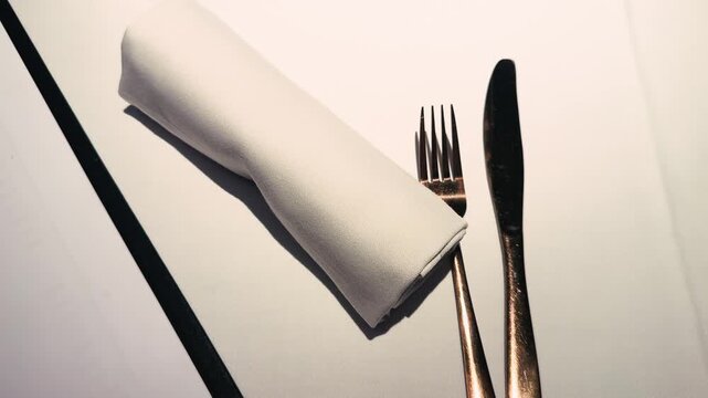 Close-up of a restaurant table setting with napkin, cutlery and glasses, elegant dining concept. High quality 4k footage